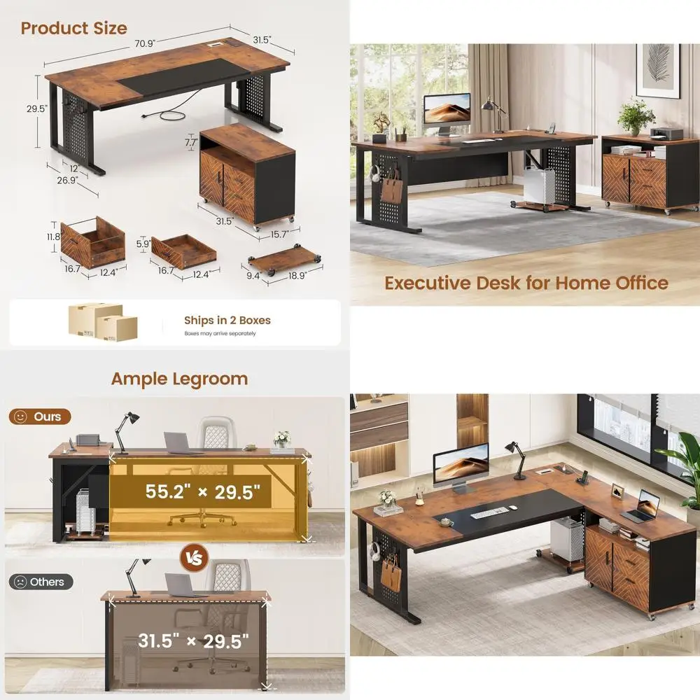 L-Shaped Rustic Brown Computer Desk with Rolling File Cabinet, Storage Shelves, and Power Outlets