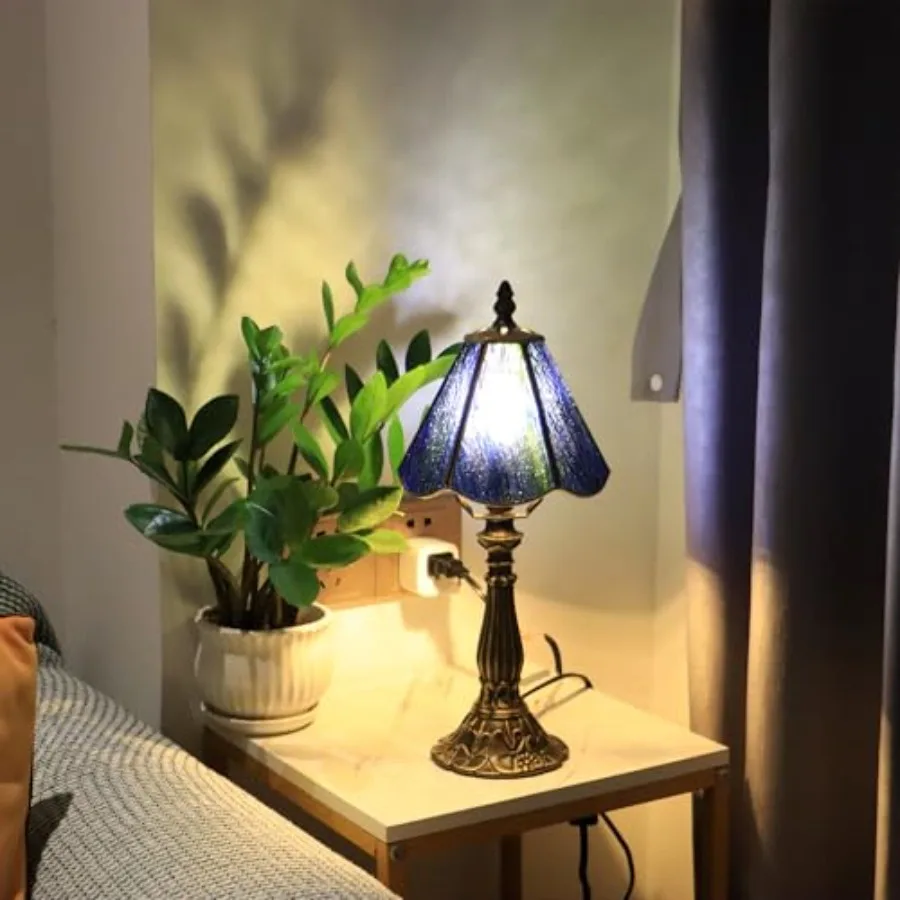 

Small Tiffany Table Lamp Stained Glass Desk Lamps 6X6X14 Inch Bronze Resin Base Antique Mini Accent Light