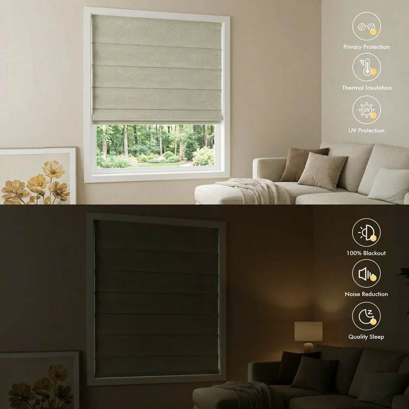 No Drill Cordless Push-Pull Roman Shades, 100% Blackout, Easy 30-Second Installation, Ideal for Home & Office