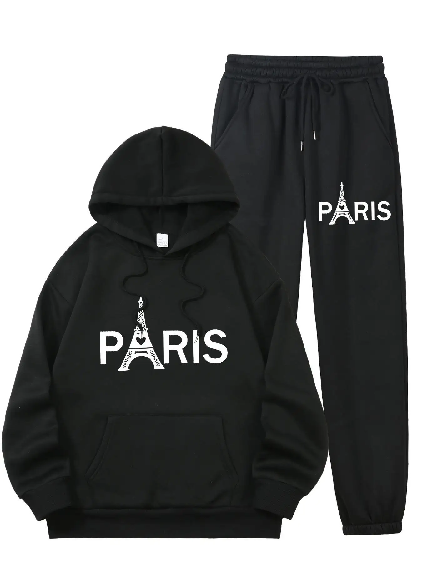 Ladies Paris Eiffel Tower Printed 2Pcs Tracksuit Casual Sport Outfit Fashion Hoodie With Kangaroo Pocket Sweatshirt Pants Set