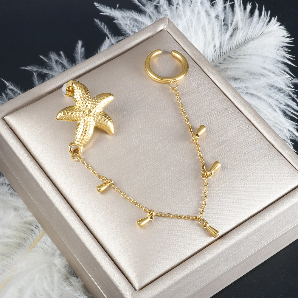 ZMfashion Summer Ins Ocean Beach Single Ear Clip Gold Color Stainless Steel Starfish Dangle Pendant Earrings Vacation Jewelry