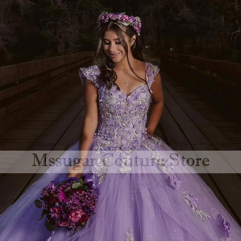 2022 الأرجواني الدانتيل فساتين Quinceanera الكرة ثوب يزين قبالة الكتف الحلو 16 فستان المشاهير Vestidos دي Quinceañera