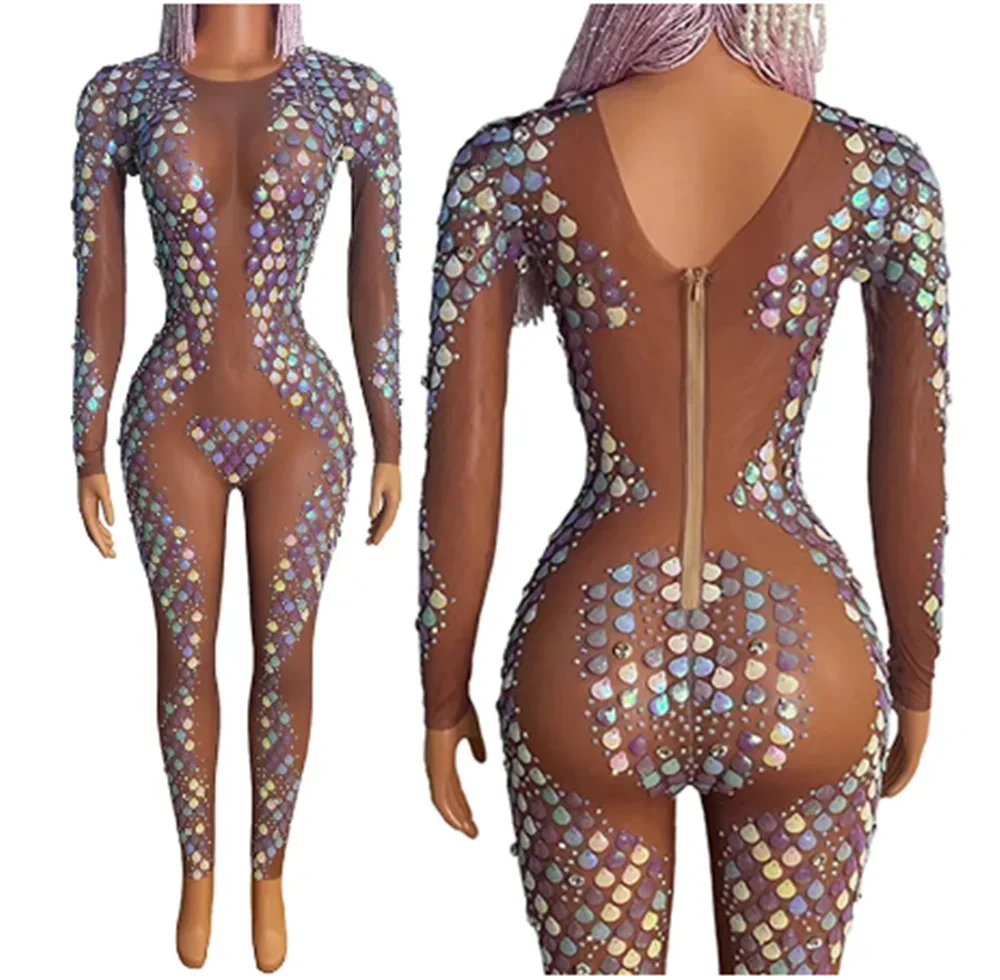 2025 Sexy Transparent Shell Jumpsuit Pole Dance Costume Singer Dancer Stage Wear Nightclub Bar Dj Ds Gogo Dance Bodysuit yj041