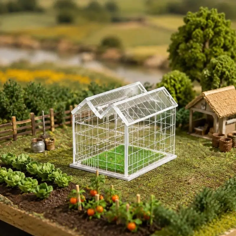 Transparent Miniature Greenhouse Model with Sloped Roof Frame for Decorative Landscape and Desktop Scene Building 37JD
