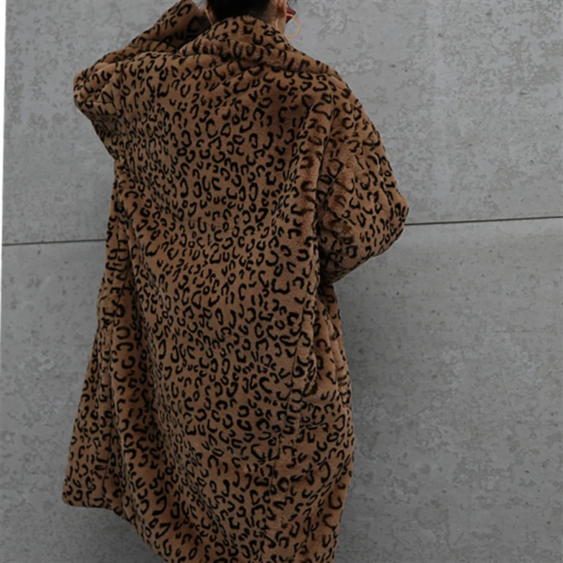 Winter Women Fur Coat Weight 1.7kg-1.9kg Thick Warm Leopard Long Teddy Fur Coats Casual Loose Faux Rabbit Fur Jacket Female