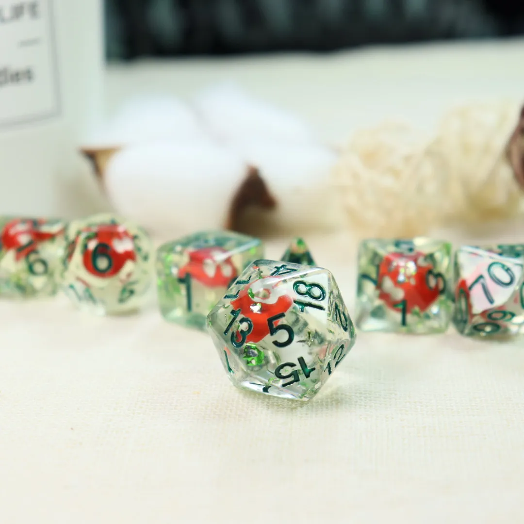 7-teiliges Set Pilzförmiger Harz-Würfel für Brettspiele, Würfel für Gruppenspiele, Partyzubehör für Brettspiele, Geschenke für Spiele-Enthusiasten – Detail 7
