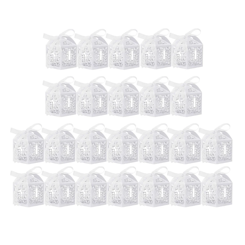 White Crosses Cutout Candy Boxes with Ribbons for Special Event