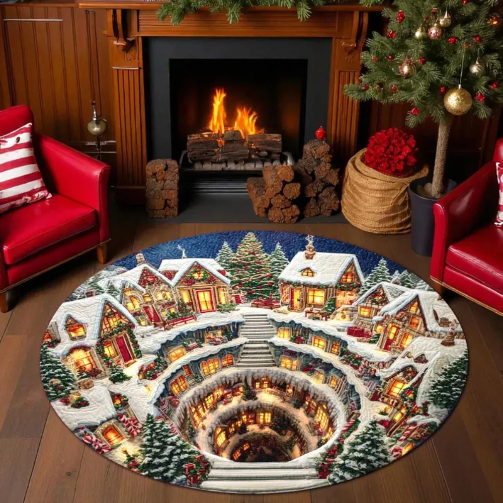 Christmas 3D Illusion Round Carpet Mat Rug Santa Snow Scene Festive Home Decoration Xmas Party Decor Floor Mat for Living Room