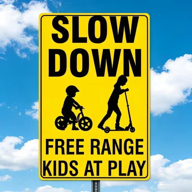 2D Yellow Slow Down Free Range Kids Metal Sign - Retro Wall Art with Biking/Scooter Kids, Iron, Perfect for Yard/Street/Home Out