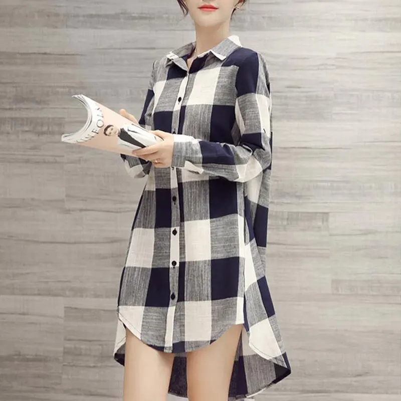 Spring Autumn Casual Plaid Polo-Neck Shirt Women\'s Clothing Fashion Single-breasted Korean Loose Long Sleeve Pockets Midi Blouse