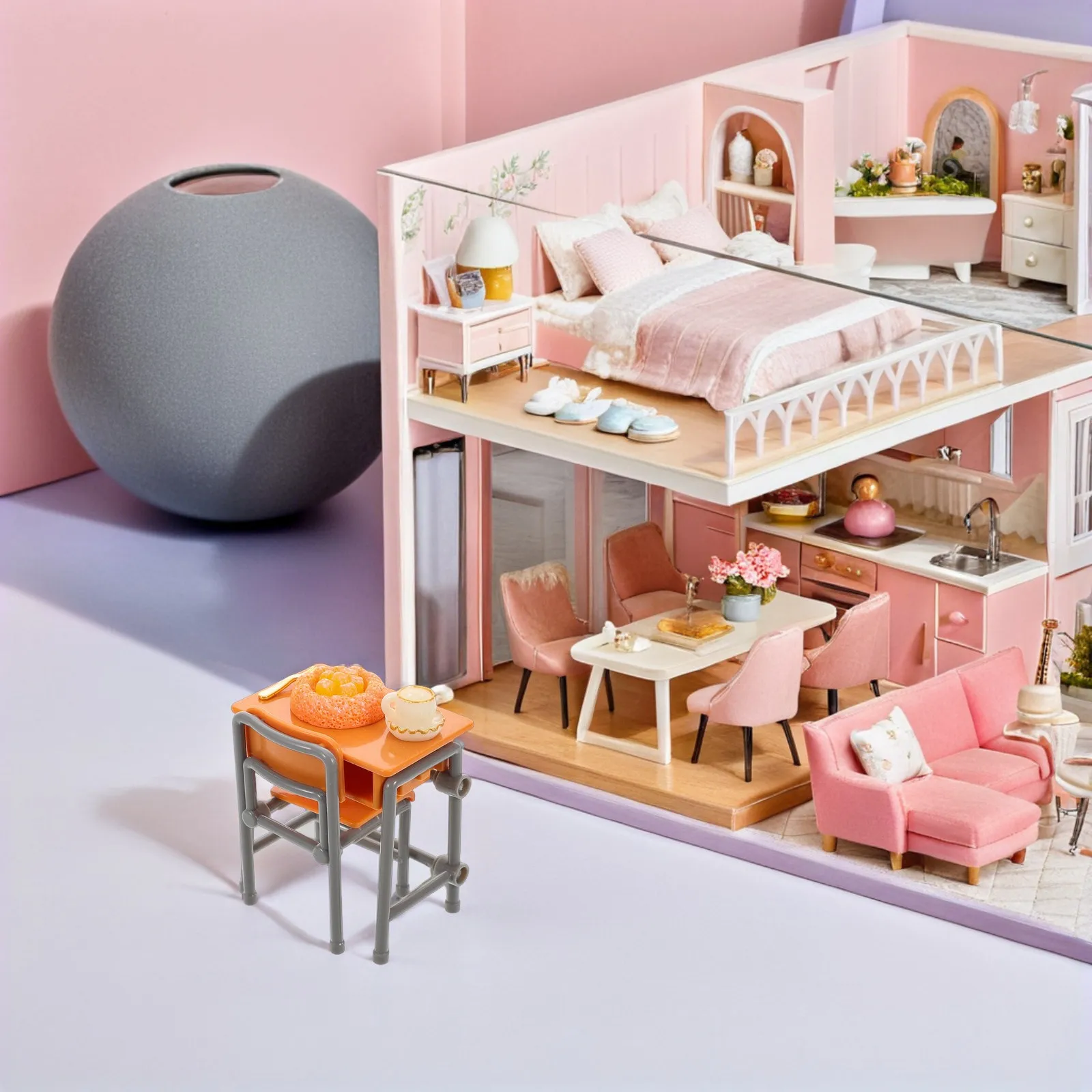 2Sets Mini Desk Set Realistic Tiny Table Display Miniature Study Desk and Dining Table Creative Educational Decor