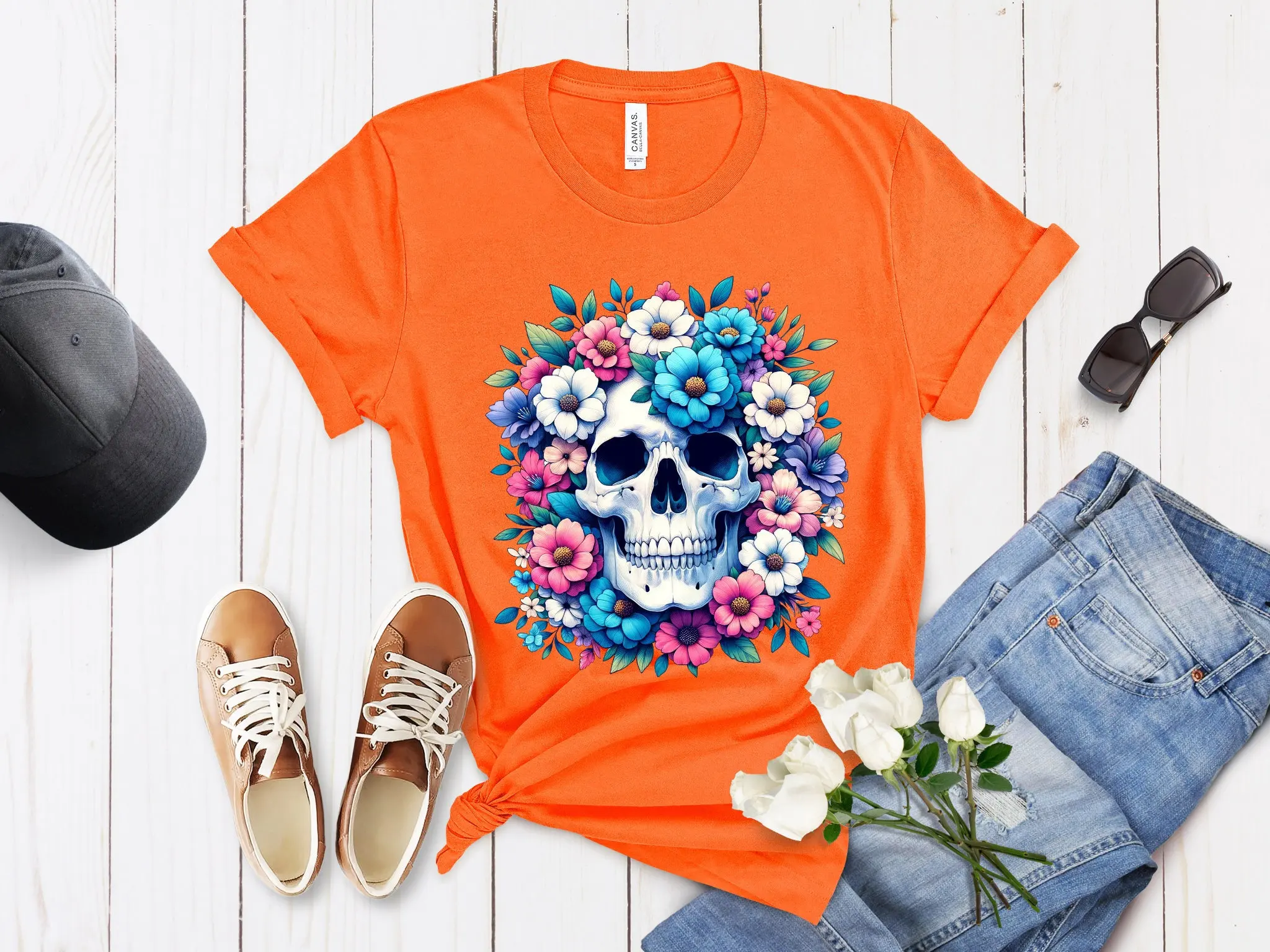 Уникальная футболка с изображением человеческого сахарного черепа, яркий цветочный принт DTG, художественный день мертвецов, модный топ для
