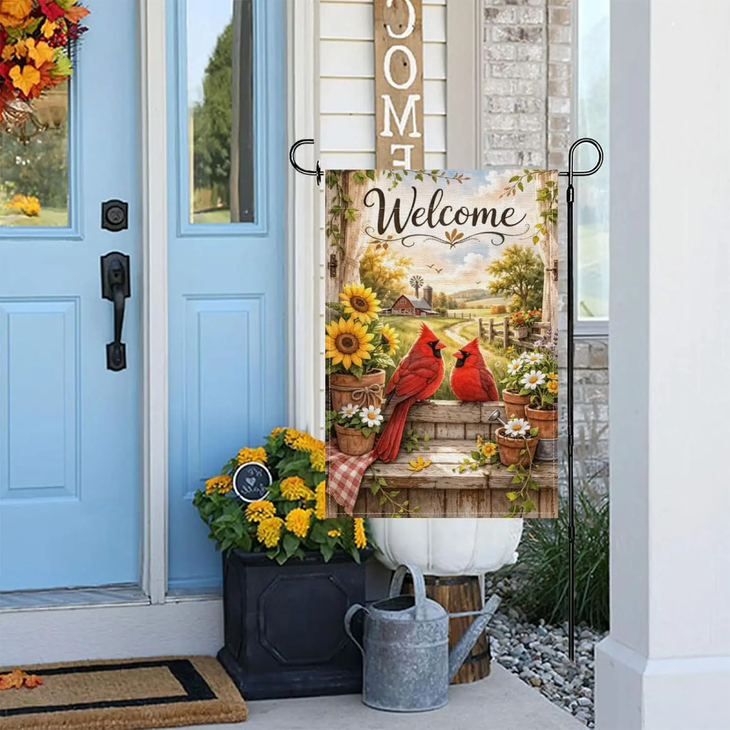 Funny Red Cardinal Welcome Garden Flag 12x18Inch,Cute Animals Rustic Farmhouse Home Decor,Window Scene Sunflowers Daisy Flow AAS