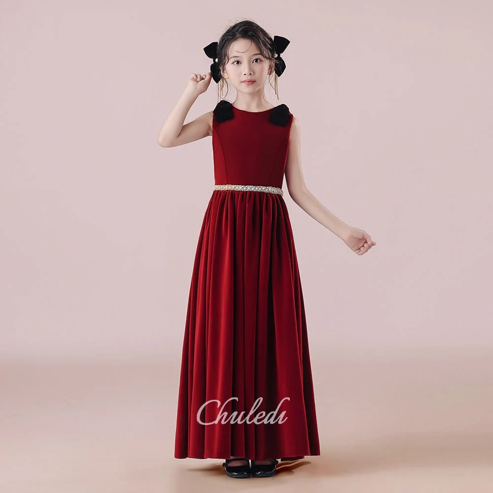 Girls' Dress Velvet Round Neck Sleeveless Floor-Length Pearl Belt Black Bow