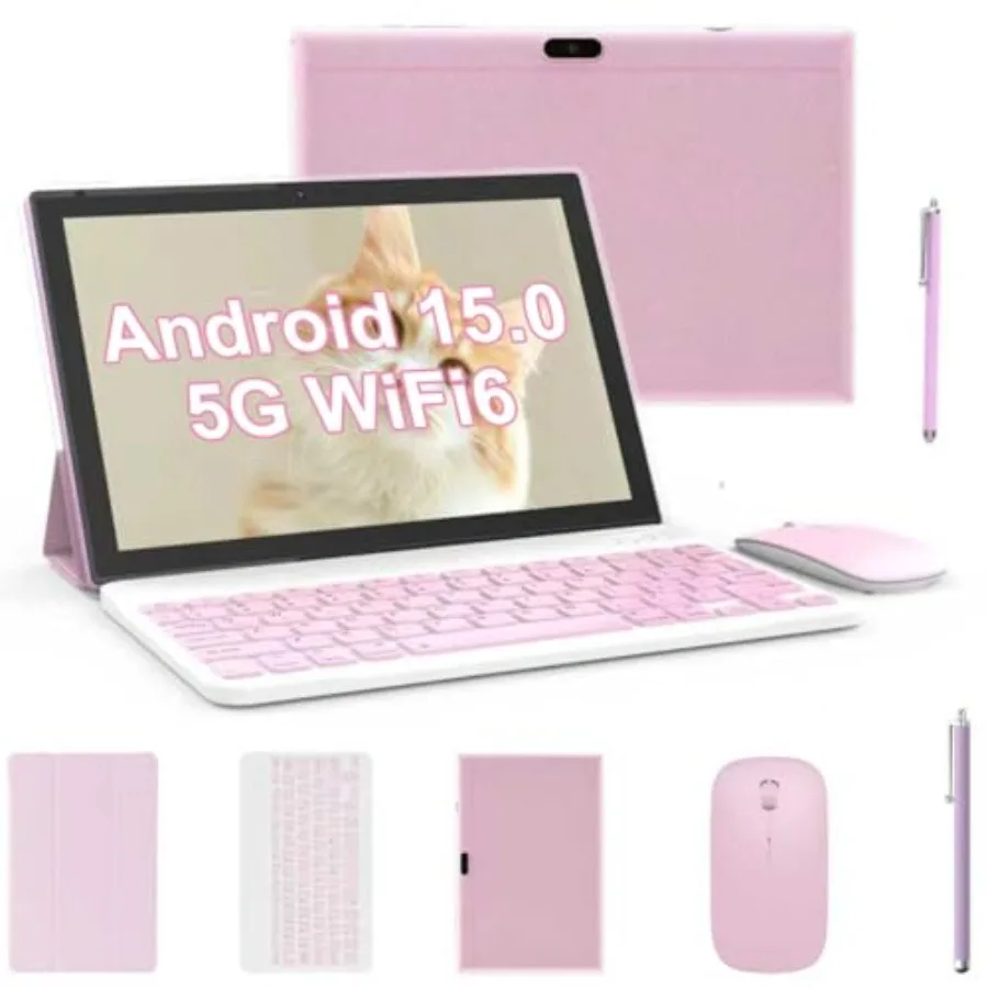 

10-дюймовый планшет Android 15 2-в-1 с клавиатурой, мышью, стилусом, 8 ГБ+32 ГБ, розовый, HD сенсорный экран, планшетный ПК, 6000 мАч, WiFi6, синий