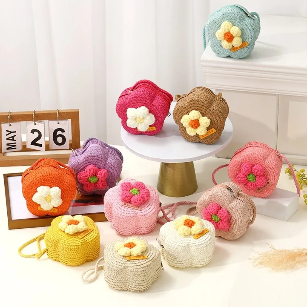 

Creative Handmade Straw Bag Flower Shape Woven Shoulder Bag Handbag for Children Girls Crossbody Bags
