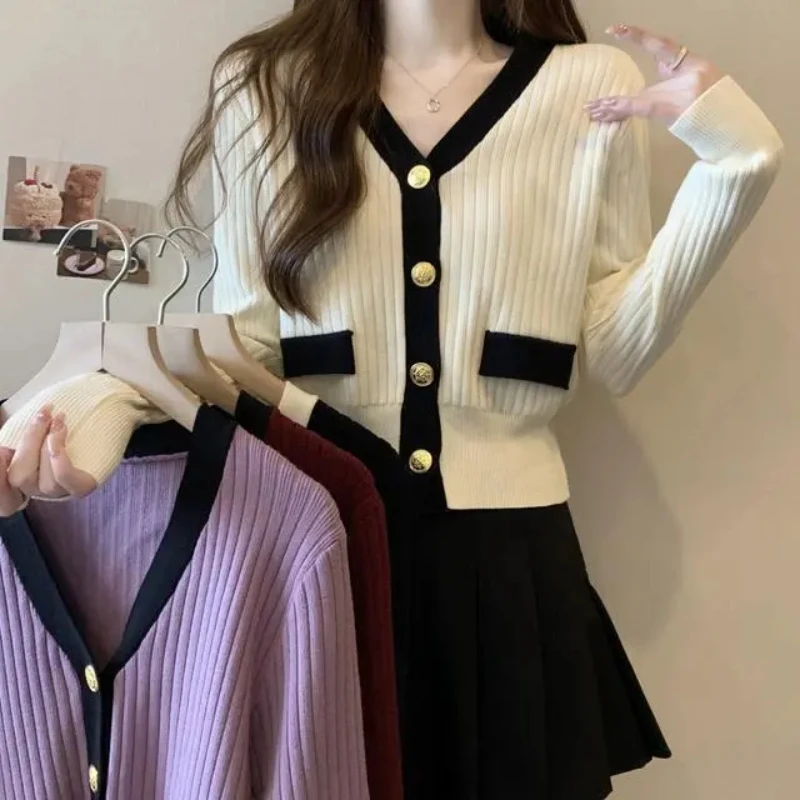 2024 Autumn/Winter Korean Sweet and Fresh Knitted Shirt Cardigan Long Sleeve V-neck Solid Color Spliced Button Women\'s Coat Top