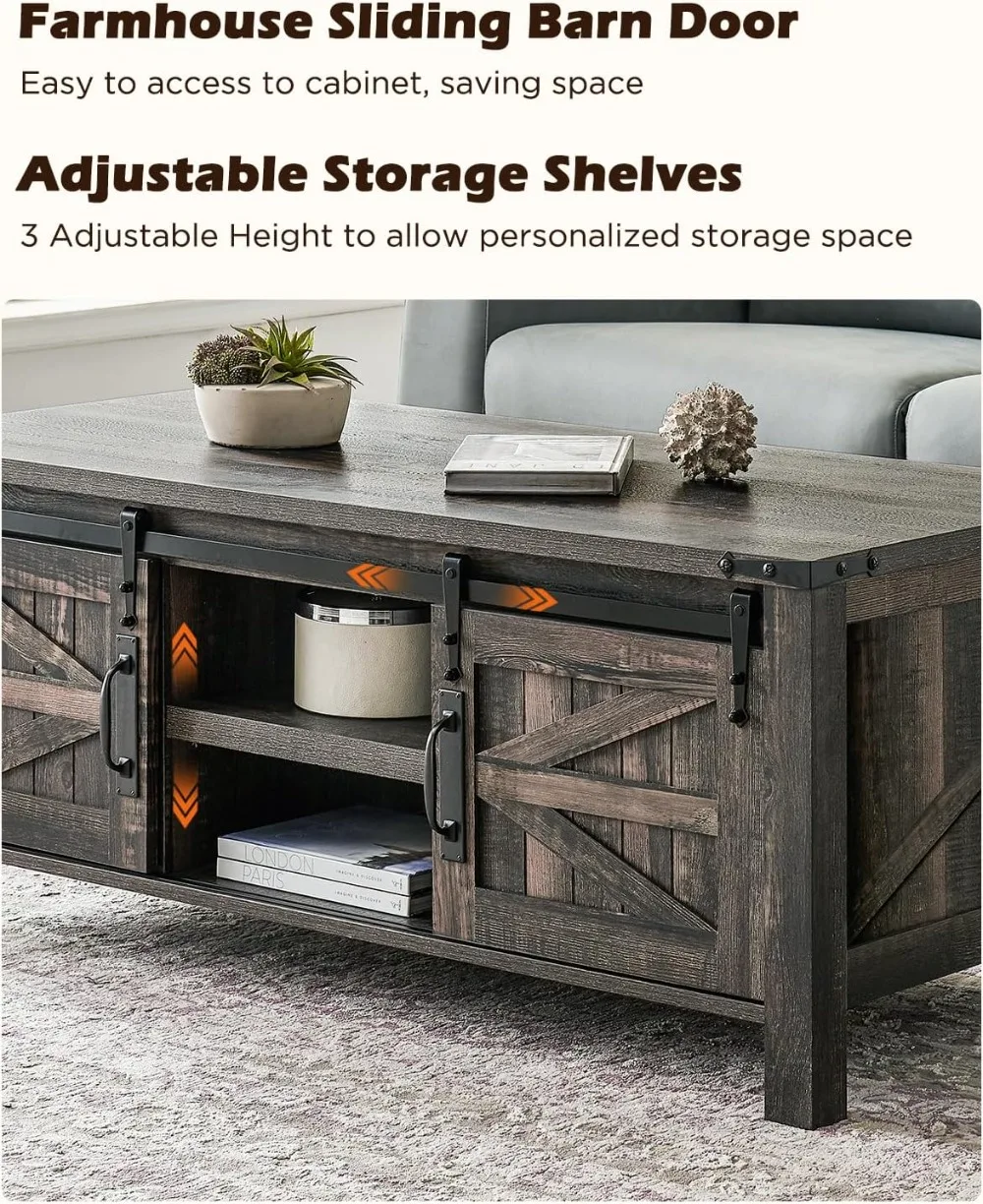 48" Farmhouse Lift Top Coffee Table with Sliding Barn Door,Rustic Center Table with Hidden Storage Compartment,Lifting Tabletop