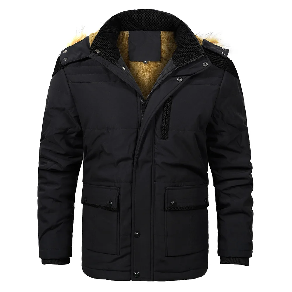 Winter Men Jacket Thicken Fleece Cold-proof Zipper Man Coat Stand Collar Long Sleeve Pocket Loose Hooded Male Outerwear
