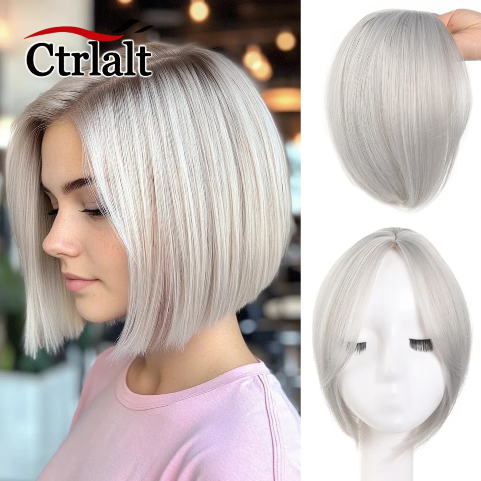 Synthetic Hair Piece Invisible Seamless Short Straight Wig Bangs Clip Overhead Natural Invisible Replacement Cover White Hair