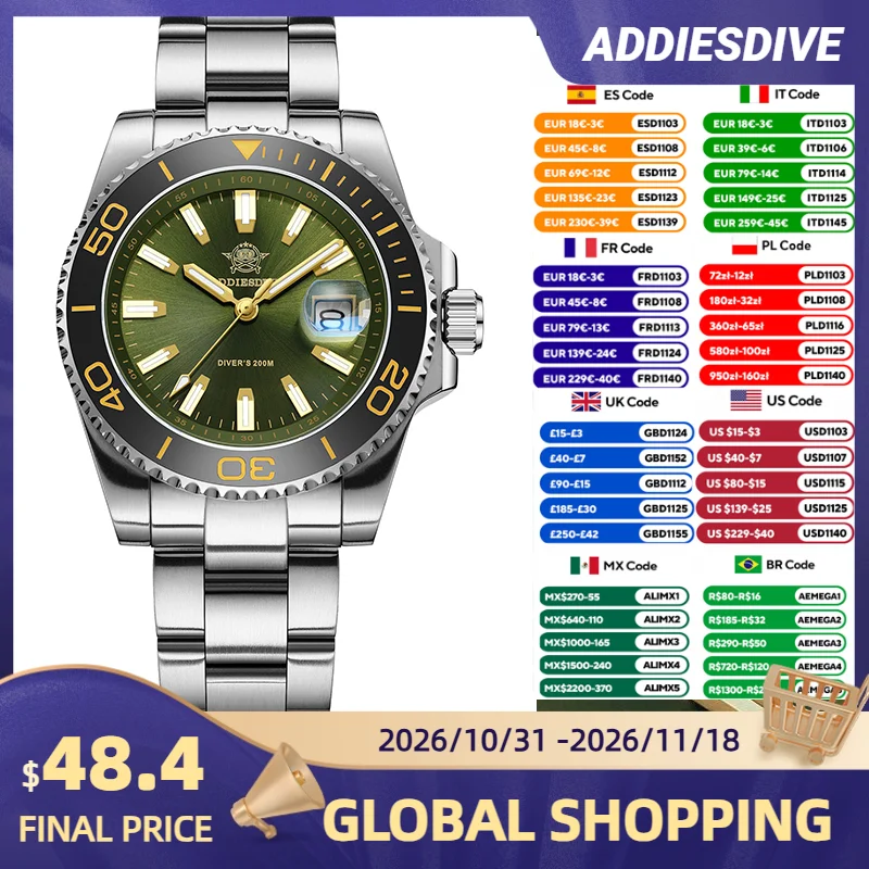 Watch Crown Screw Down Replacement - ADDIESDIVE جديد AD2510 ساعة غوص رجالية