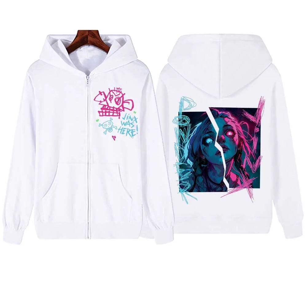 Hot Anime Arcane-Jinx Felpa con cappuccio con cerniera Harajuku Pullover Top Felpa Streetwear