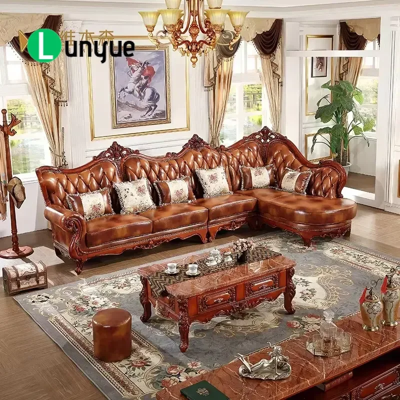 For European Style Luxury Villa Living Room Sofa Genuine Leather Modular Hotel Use Sectional Solid Wood Frame American