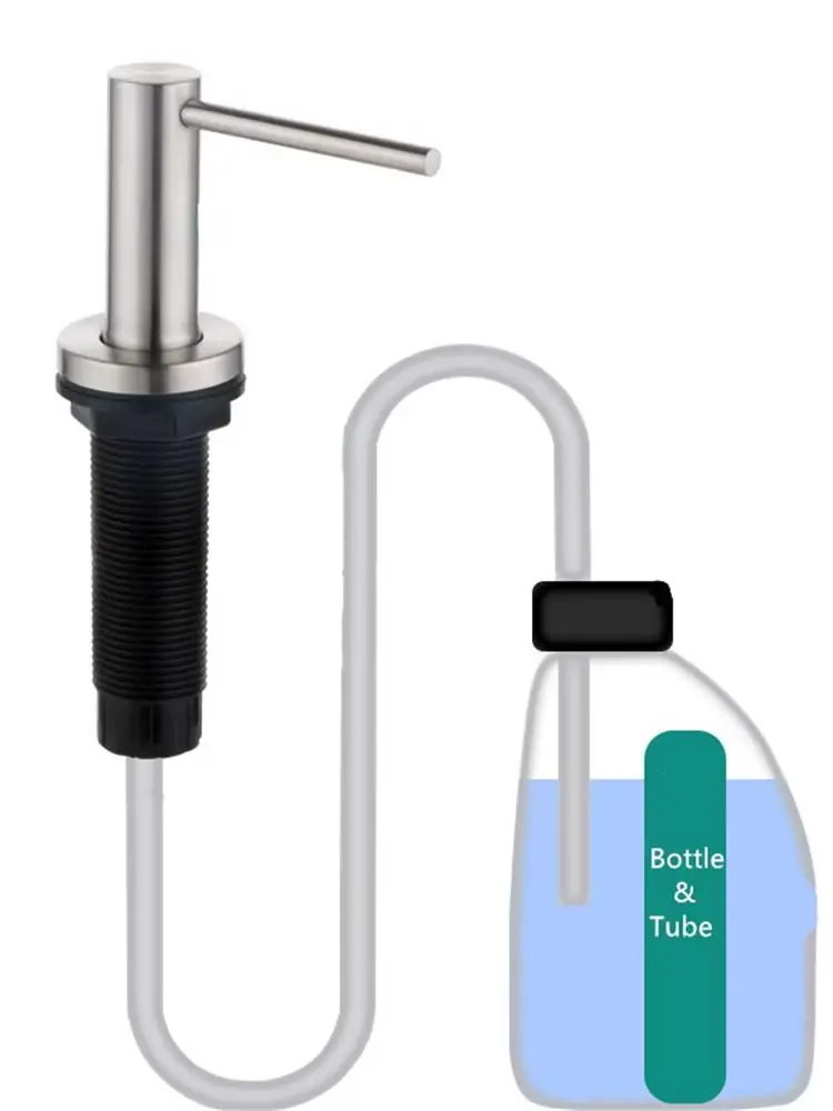 Dispensador de líquido para pia de cozinha, design embutido, garrafa de sabão líquido com cabeça de aço inoxidável, prensa manual, detergente, dispensador de sabão