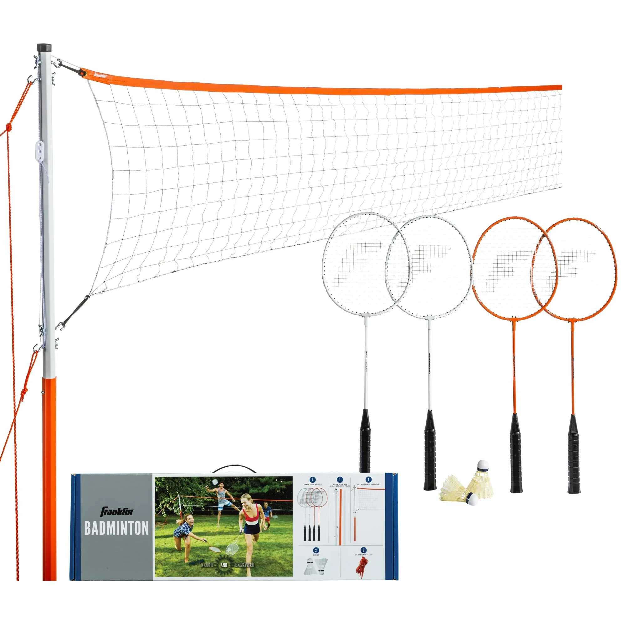 Juego de iniciación de red de bádminton: incluye 4 raquetas de acero, 2 pájaros, red y estacas ajustables, juego de bádminton para patio trasero o playa