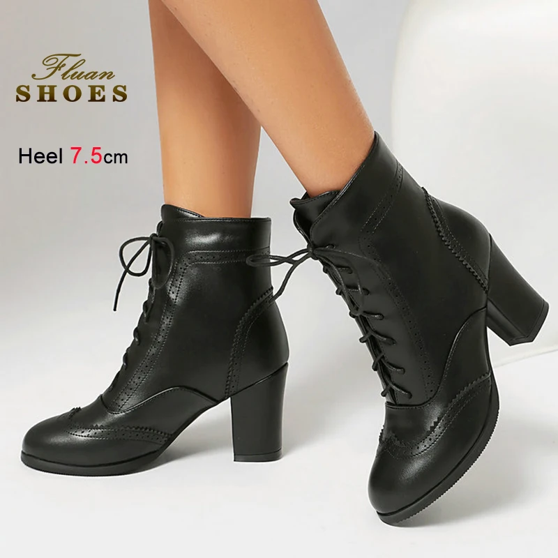 

2025 Winter Black Women's Ankle Boots Round Toe Coarse Block High Heels 7.5cm Lace-up Ladies Pumps Leisure Short Boots Size 43