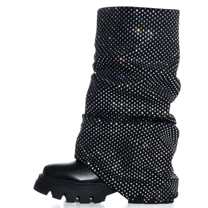 Sparkling Rhinestone Platform Round-Toe Pleated Slouch Boots Woman Winter 2026 Full Diamond Ruffled Thick Sole Mid-Calf Boots
