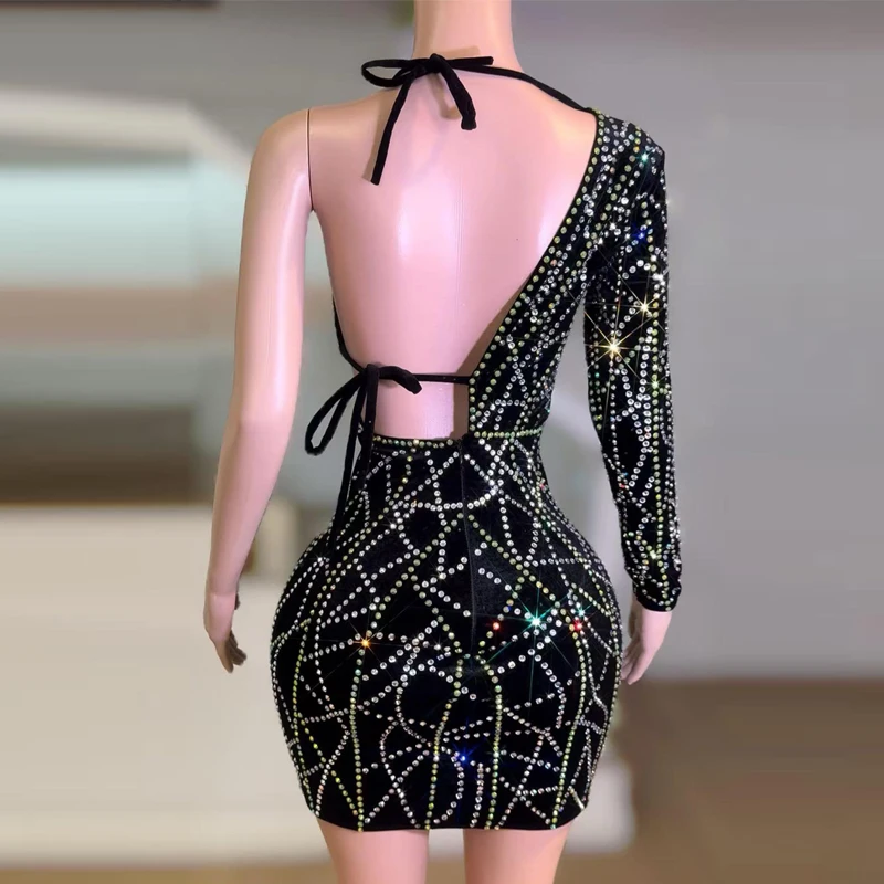 New One Sleeve Full Rhinestones Party Dress Women Group Gogo Dancer Outfit Bar Dj Ds Nightclub Stage Festival Costumes Set