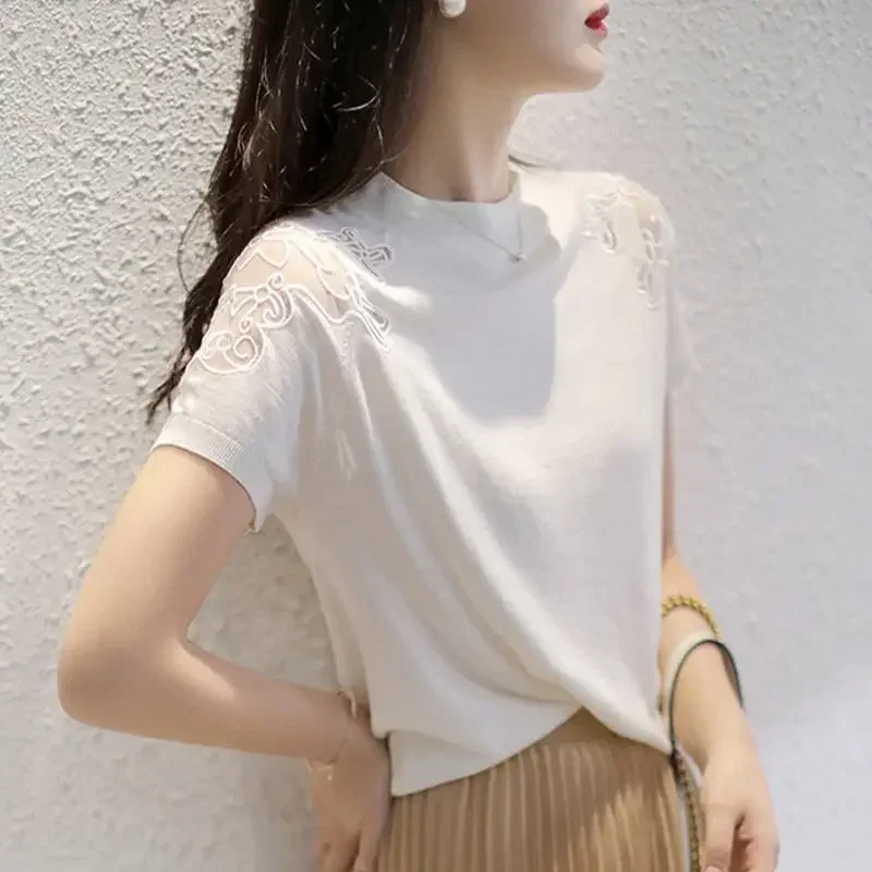 Fashion Embroidery Spliced Lace Gauze Blouse Women Clothing 2024 Spring New Casual Pullovers Tops Loose Commute Shirt N270