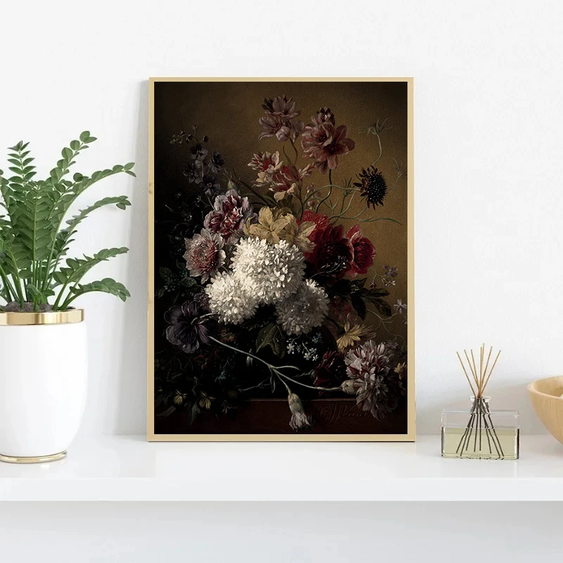 Dark Moody Floral Botanical Poster Print Vintage Victorian Still Life Flower Canvas Painting Wall Picture for Living Room Decor