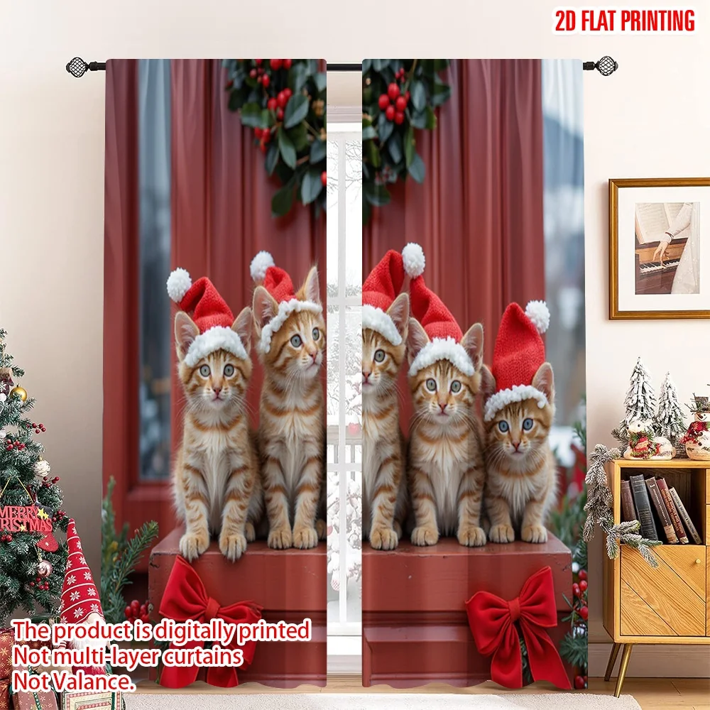 

2pcs 2D flat printing Merry Christmas Drapes Cute Kittens Christmas Door Fabric Without Electricity Birthday Party Perfect for