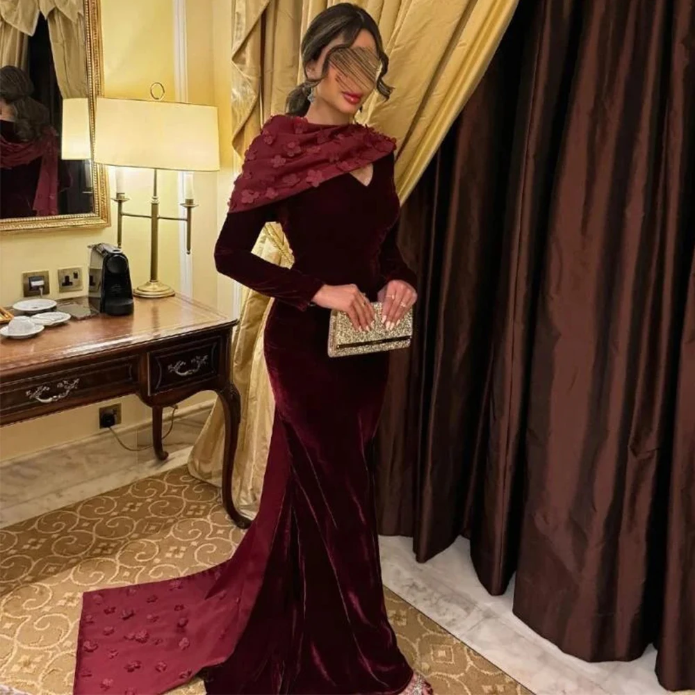 

Arya Burgundy Velour Evening Dress Sexy Mermaid Floor Length V-Neck Long Sleeves with Flower Shawl Women Customized Prom Gowns