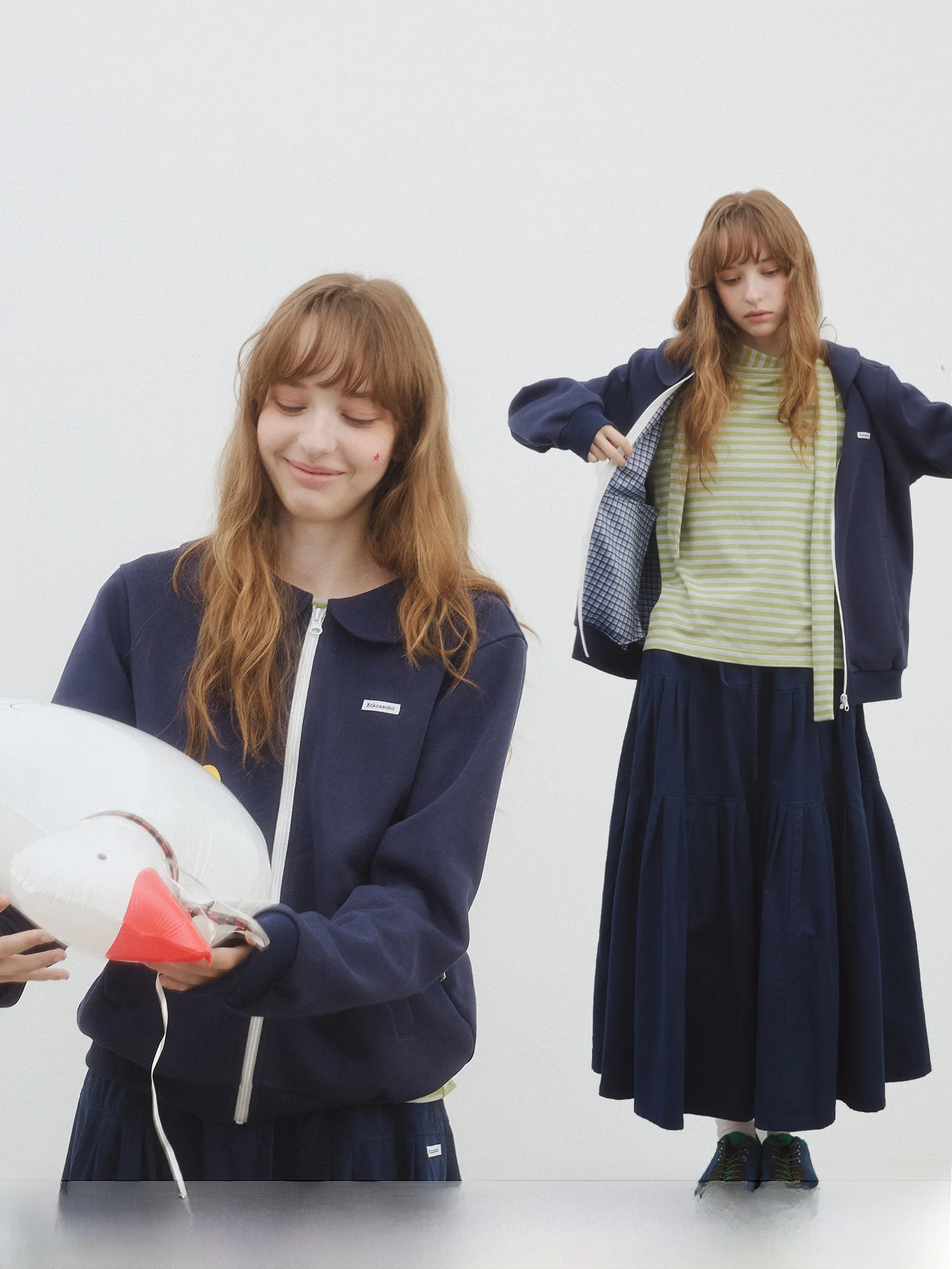 

Kokoasoko Girl's Knitted Zipper Cardigan Loose Casual Top with Doll Collar Spring Autumn Japanese Sle Student Wear