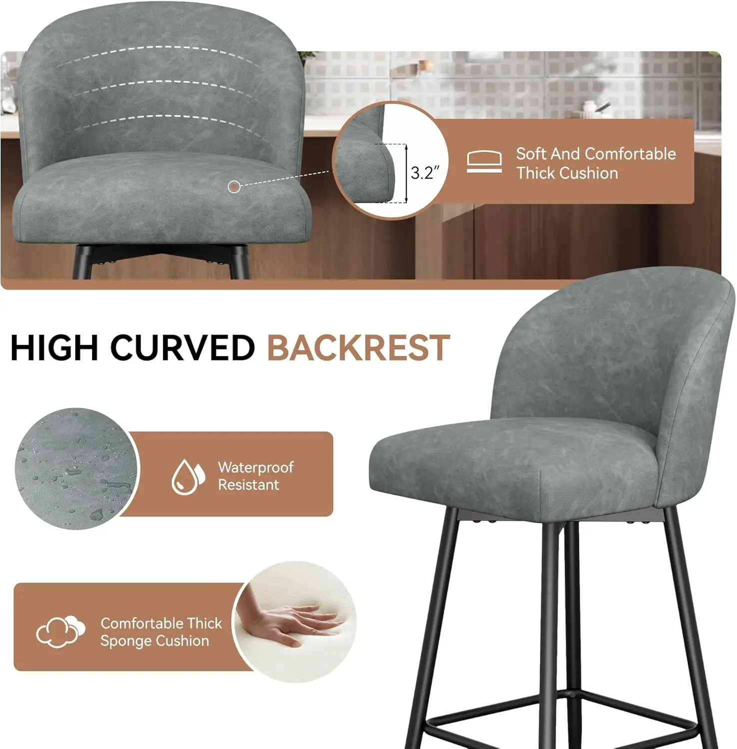 طقم كراسي بارتفاع عداد مكون من 2، 360 درجة °   دوار، ظهر مرتفع، أرجل معدنية، ارتفاع المقعد 26 بوصة، كراسي بار منجدة من جلد البولي يوريثان الرمادي