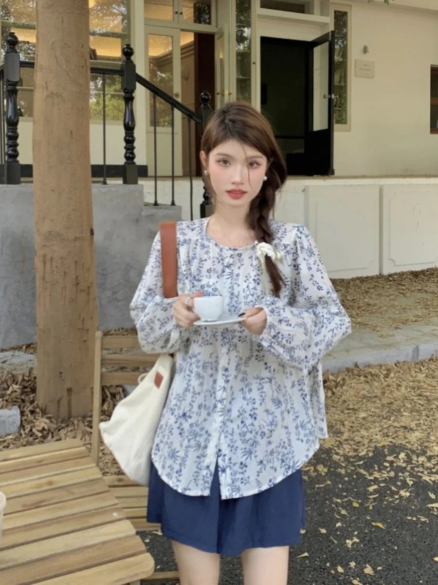 

Ранняя осень, повседневный свободный женский комплект из двух предметов с цветочным принтом, хлопковый длинный све, круглые брюки Ne ort