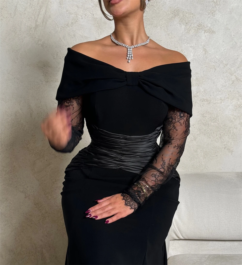 تخصيص بوهو الأسود جيرسي مساء اللباس الرسمي قارب الرقبة طويلة الأكمام حزب اللباس مثير حورية البحر قطار الاجتياح فساتين المشاهير #3