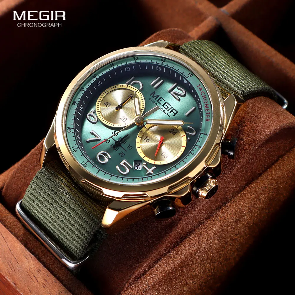 MEGIR Navy Blue Canvas strap Sport Watch Men Waterproof Chronograph Quartz Wristwatch with Luminous Hands Date Silicone Band