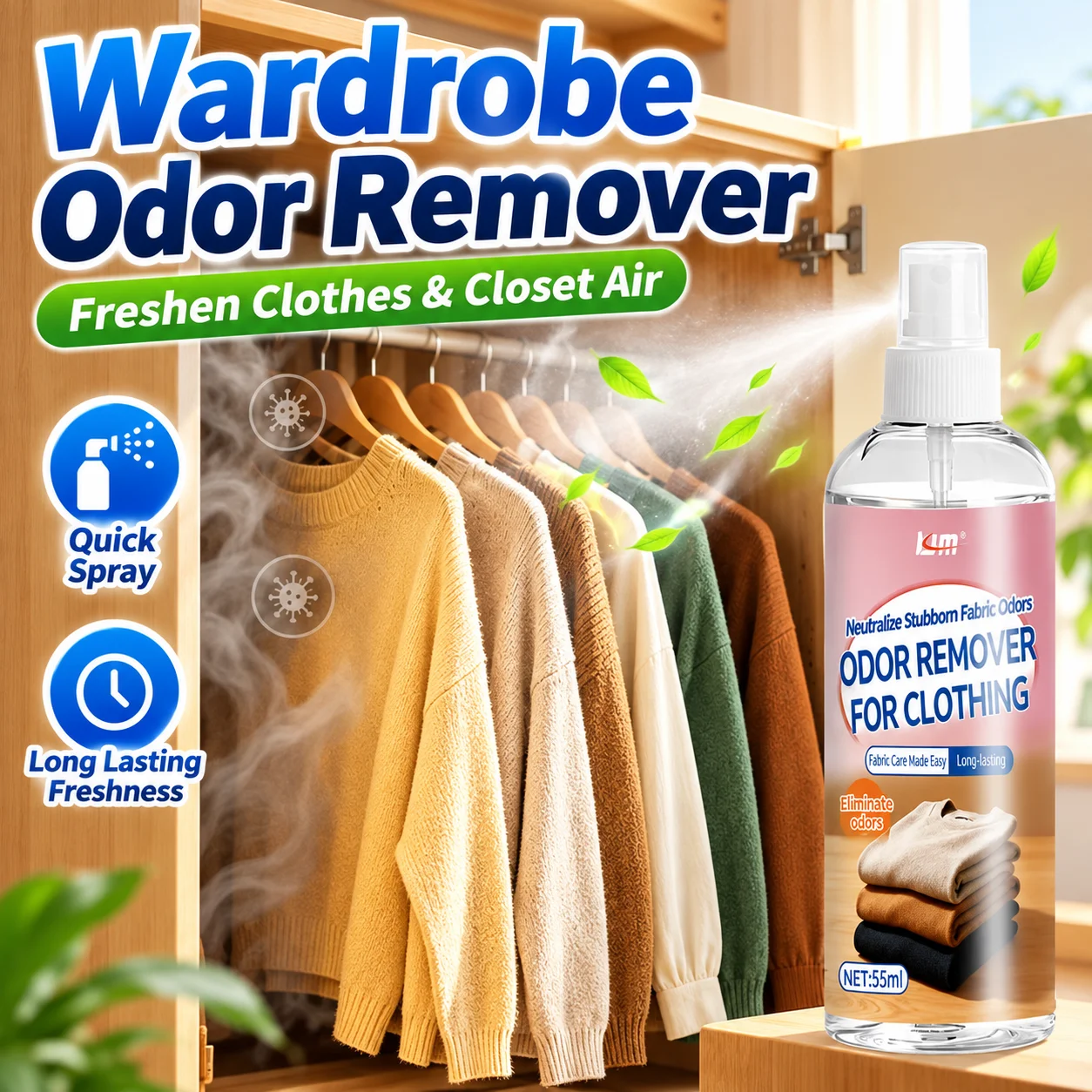 Clothing Odor Remover Spray Wardrobe Fabric Deodorizer For Sweat Musty Smell Carpet Bedding Car Interior Freshener 55ML