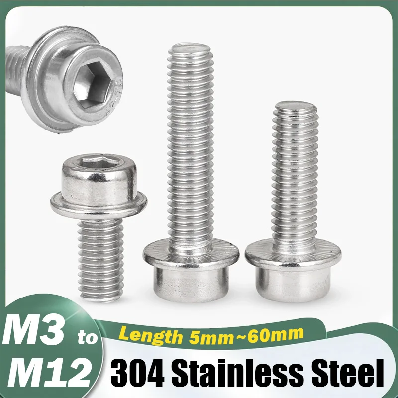 Flange Socket Head Cap Screw 304 A2 Stainless Steel M3 M4 M5 M6 M8 M10 M12  with Washer Allen Socket Bolts Length 5mm-60mm
