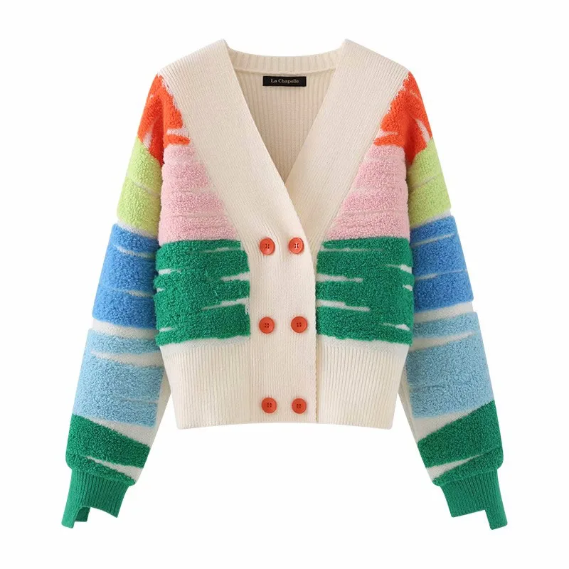 Rainbow Striped Knit Sweater Cardigan Women Double-breasted V-neck Jacket Coat Autumn Winter Long Sleeve Loose Stylish Tops 2023