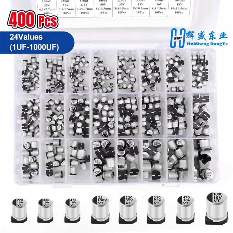 

Aluminum Electrolytic Capacitors SMD Assortment Kit 400Pcs 24Value SMD 1uF~1000uF 6.3V-50V 24Value with box