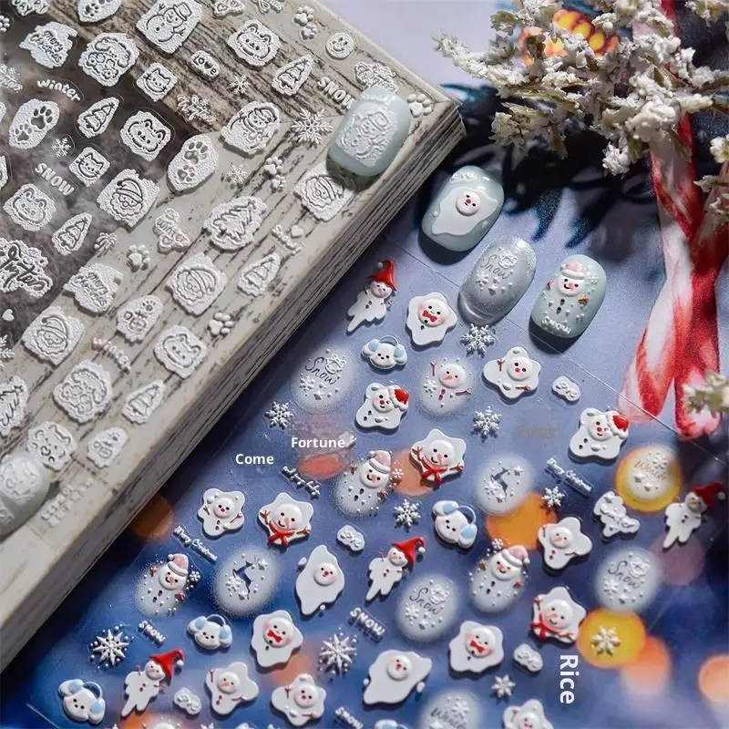 

{MX329} 5D Relief Cute Melting Snowman Christmas Nail Art Stickers Girly Bow White Snowflake Nail Decor Stickers