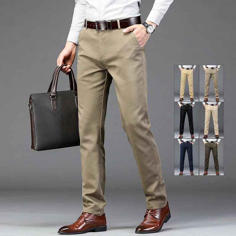 

Brand Men Business Casual Pants Autumn Thick Classic Straight Fashion Solid Color Elastic Fit Suit Trousers Comfortable Clothes