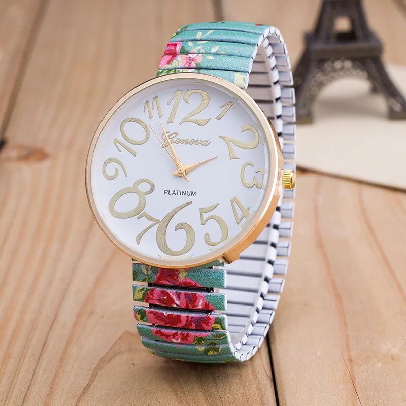 Fashion Women Elegant Embossed Flowers Printed Quartz Watch Stretch Strap Analog Large Arabic Number Dial Quartz Wristwatches