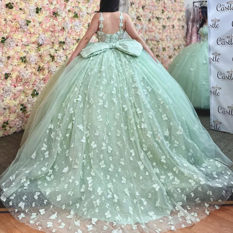 

Mint Green Shiny Quinceanera Dresses Ball Gown Birthday Party Dress Bow With Cape Lace Up Graduation Gown Sweetheart de 15 anos