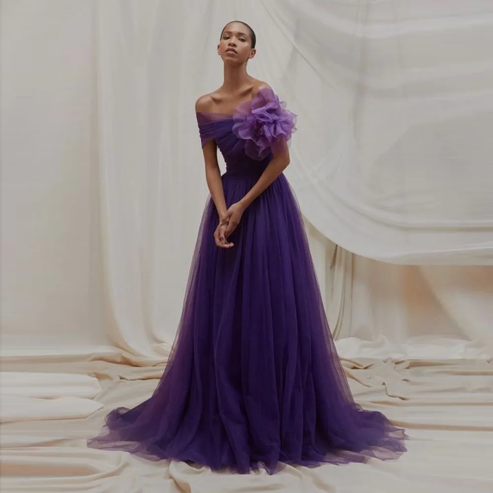 Elegant Purple Tulle Long Formal Dress with Handmade Flower Off the Shoulder A Line Soft Mesh Prom Party Dresses فساتين السهرة